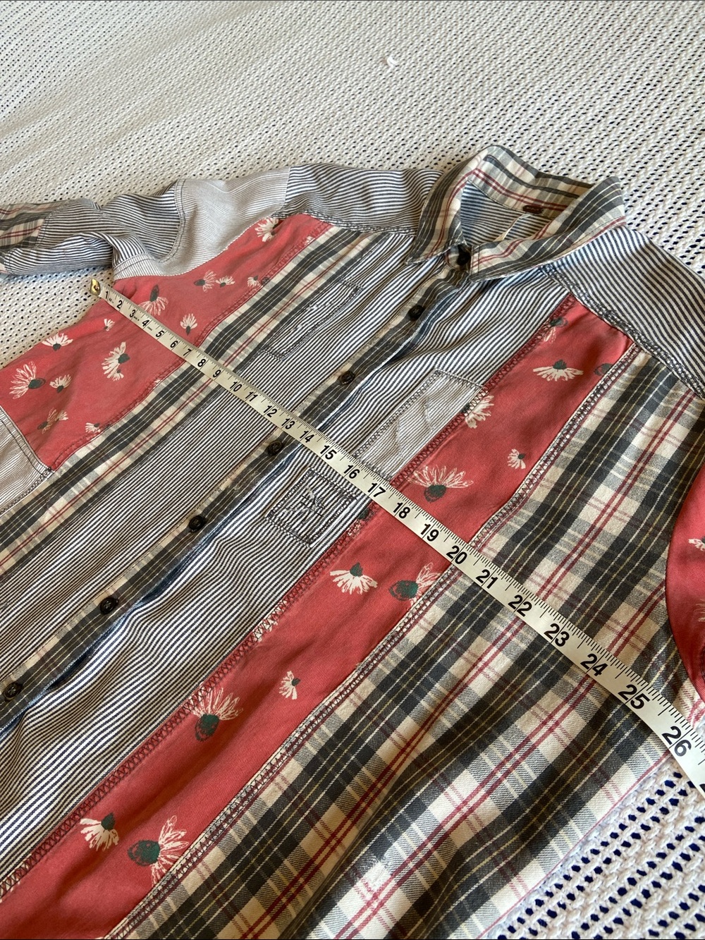 Free People “All Patched Up” Full button Down Distress OS Size Medium - Picture 10 of 11